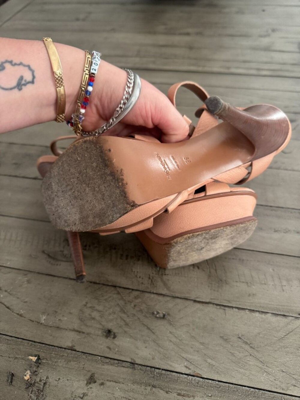YSL Saint Laurent Beige Leather Tribute Platform Wood Heel Sandals Pumps 39 - Picture 8 of 8